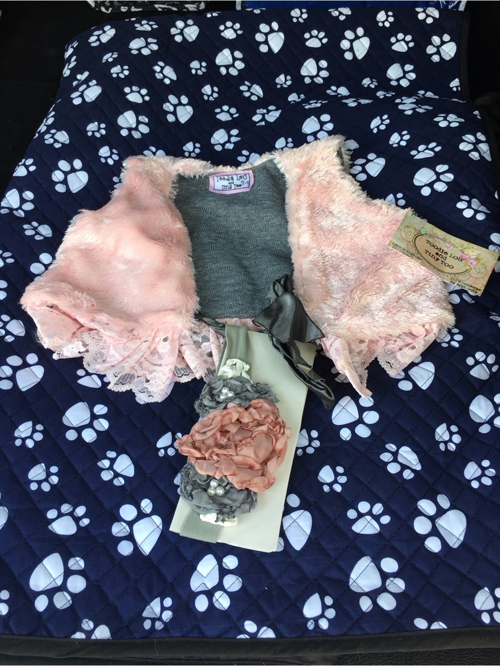Pink Faux Fur Baby Shrug with Lace Trim